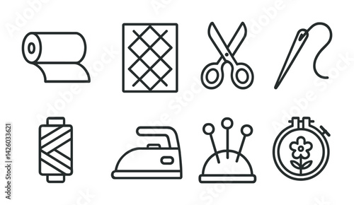 Sewing tools icon set: linear style featuring essential stitching equipment