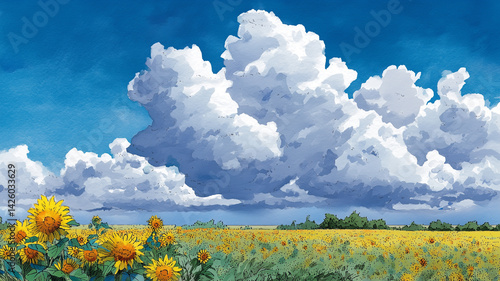 明るい陽射しと大きな入道雲が広がる空に咲き誇るひまわりの景色｜夏空｜自然の恵み｜花のある風景｜癒しの時間｜田園風景｜観光地のイメージ