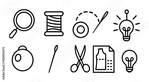 Sewing icons set: linear style with thread, needle, scissors, and more