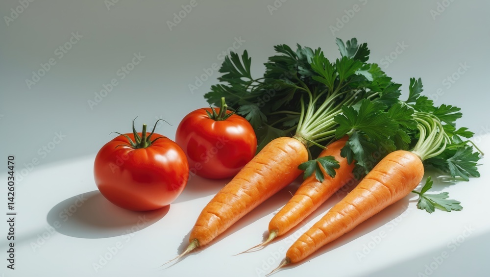 Bright vegetable collection on white background showcasing fresh tomatoes, carrots, and parsley. Bright vegetable collection on white background showcasing fresh tomatoes, carrots, and parsley.