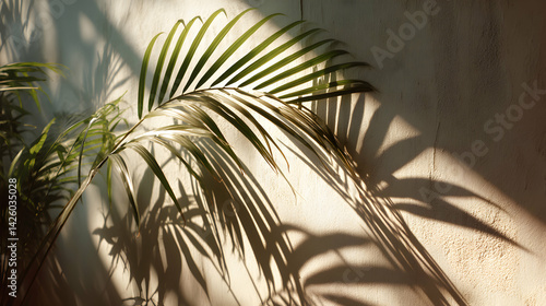 Tropical vibe with palm fronds casting captivating shadows on textured wall for serene aesthetic
