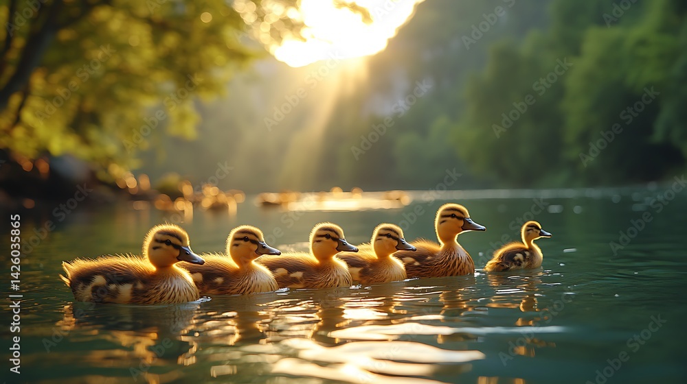 Fototapeta premium Golden ducklings morning swim images