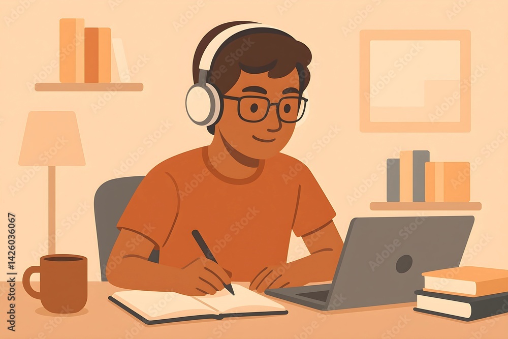 A vector-style flat illustration of a student focusing on studies at home with a laptop and books. Great for education, online learning, and productivity visuals. A vector-style flat illustration of a student focusing on studies at home with a laptop and books. Great for education, online learning, and productivity visuals.
