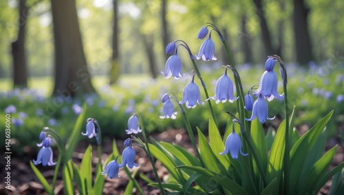 Virginia bluebells blooming in a sunny spring park setting