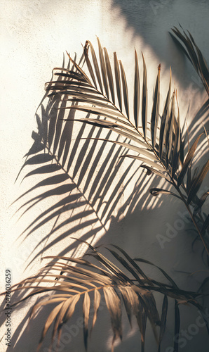 Palm frond silhouette cast upon textured wall, evokes warmth and stillness for a serene feel