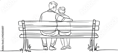 vector line art scene of father and son peacefully sitting on a park bench, reflecting relaxation and bonding, ideal for family moments, aging, mindfulness illustration