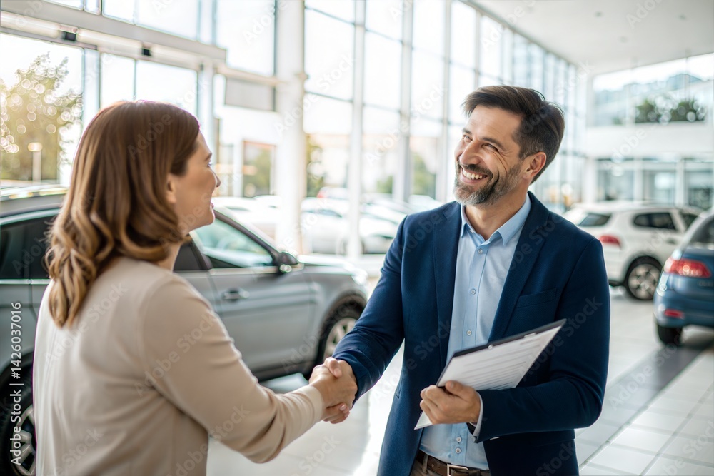 © DND - Smiling car salesperson shaking hands with a customer, finalizing a purchase agreement in a dealership showroom. (People) © DND - Smiling car salesperson shaking hands with a customer, finalizing a purchase agreement in a dealership showroom. (People)