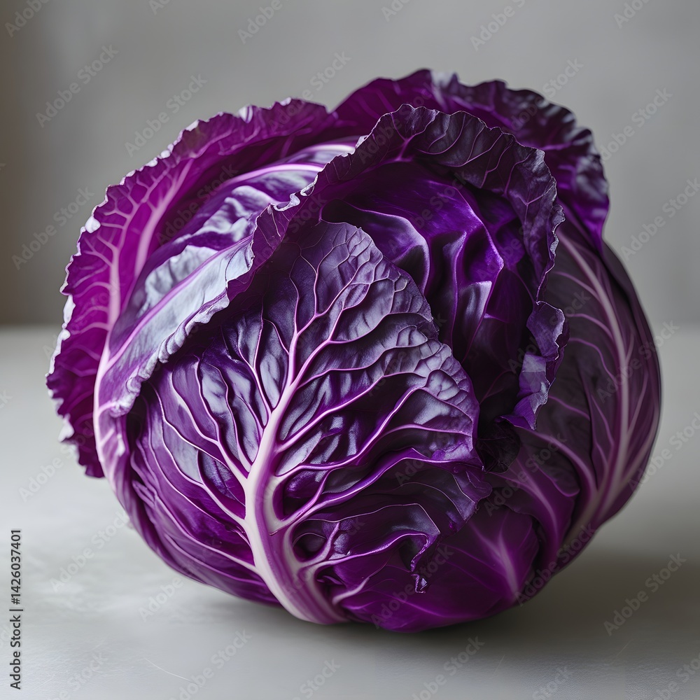 A tightly framed deep purple cabbage, capturing its intricate, crinkled texture, and juicy freshness A tightly framed deep purple cabbage, capturing its intricate, crinkled texture, and juicy freshness