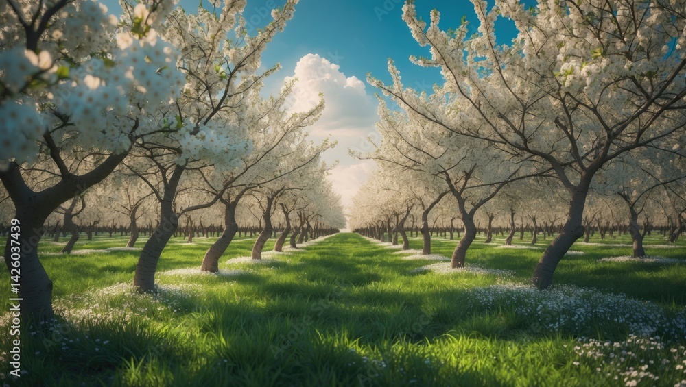 Springtime view of a blossoming young orchard Springtime view of a blossoming young orchard