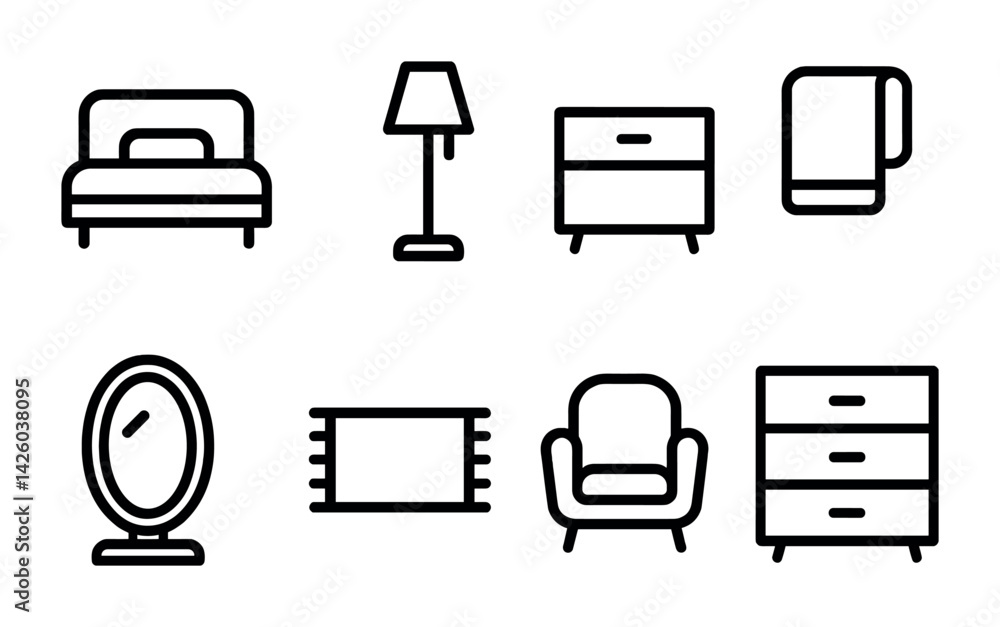Modern furniture icon set - minimalist linear style for home decor projects