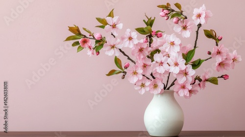Delicate pink cherry blossoms in a white vase against a soft pink background showcasing spring beauty