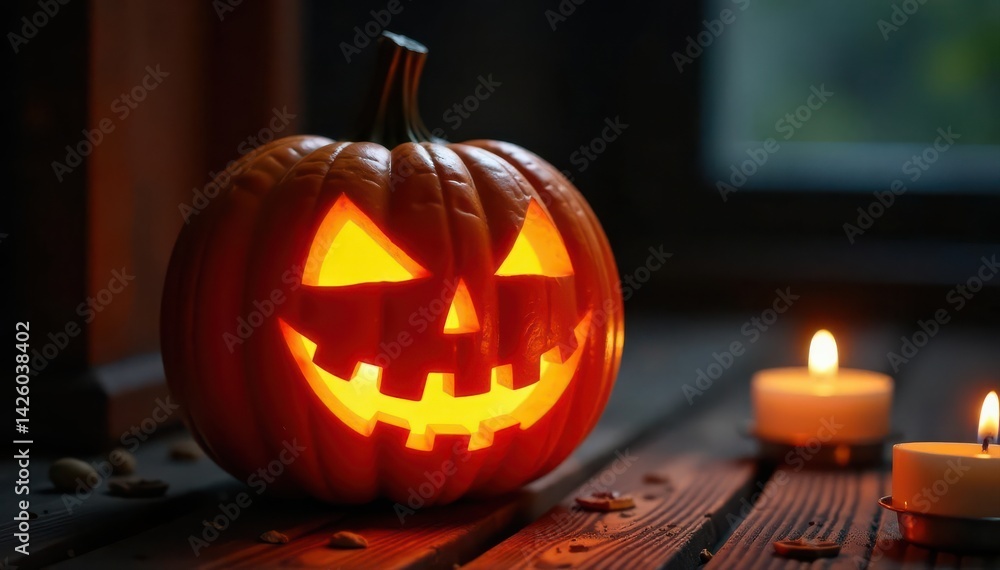 Intricately carved pumpkin, flickering candlelight, shadows dance in darkness , creepy, scary, candles Intricately carved pumpkin, flickering candlelight, shadows dance in darkness , creepy, scary, candles