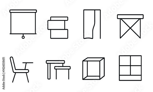 Minimalist office furniture icons set: linear style, perfect for design projects