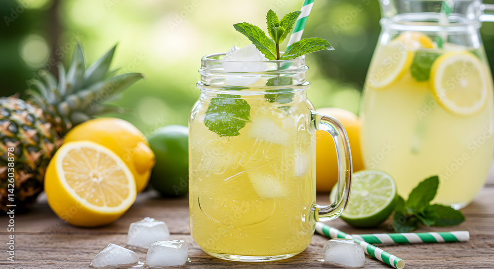Fototapeta premium Refreshing Lemonade Drink Presentation With Citrus Fruits And Mint Decoration