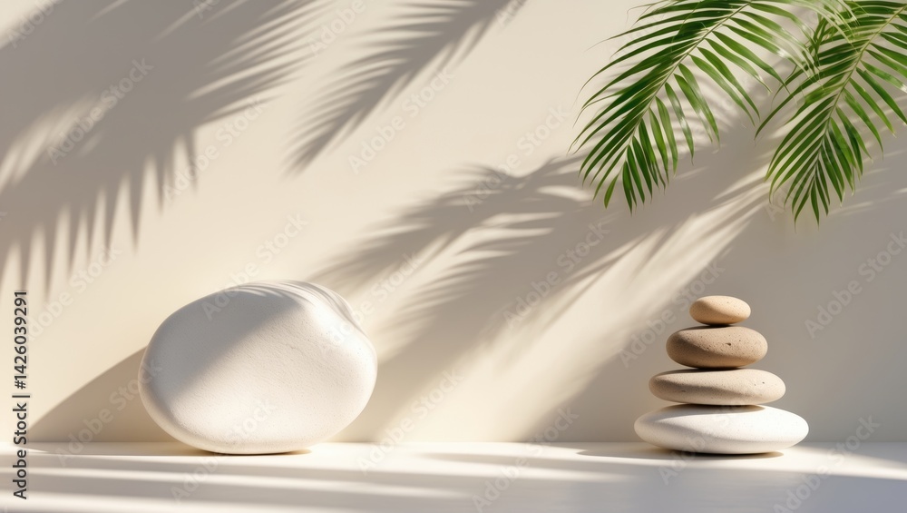 Obraz premium White wall backdrop with palm shadows and marble podium for display