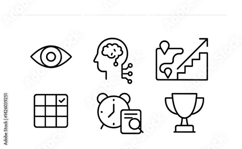 Linear business growth icon set: eye, brain, map, calendar, clock, trophy