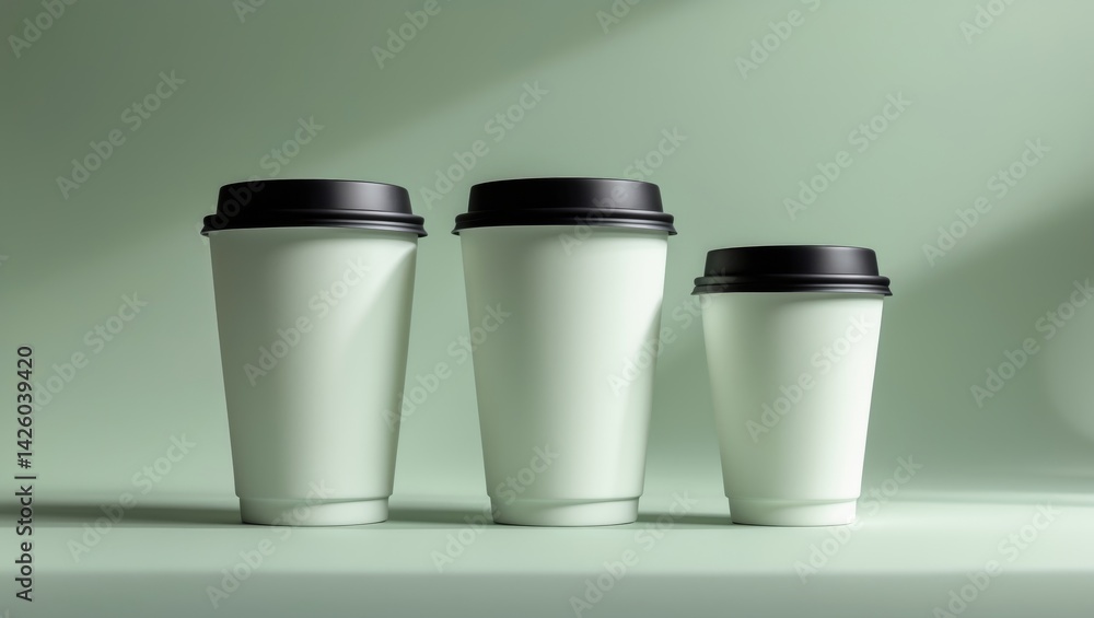 Large, medium, and small white takeaway coffee cups with black caps packaging template mockup on light green background Large, medium, and small white takeaway coffee cups with black caps packaging template mockup on light green background