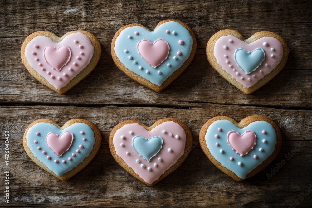 Decoratively iced heart-shaped cookies arranged on a rustic wooden table for a sweet celebration Decoratively iced heart-shaped cookies arranged on a rustic wooden table for a sweet celebration