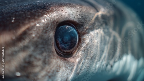 Close-up view of a shark's eye with detailed ocean reflection