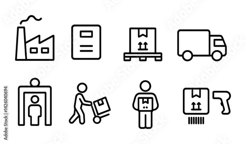 Industrial and logistics icons set: linear style with factory, packaging, and transport elements