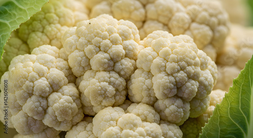 Close Up Of Fresh And Healthy Cauliflower With Green Leaves