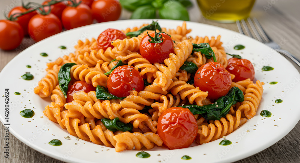 Delicious Fusilli Pasta Garnished with Cherry Tomatoes and Fresh Spinach Delicious Fusilli Pasta Garnished with Cherry Tomatoes and Fresh Spinach