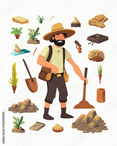 Vector isolated illustration of archaeologist set. Male archaeologist.