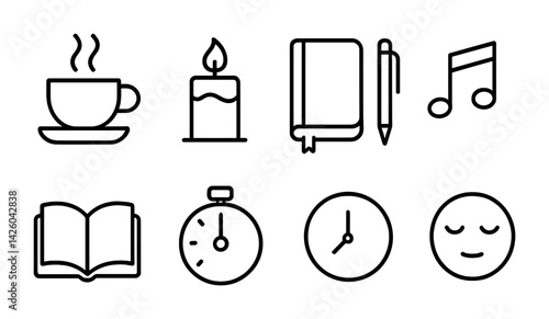 Cozy lifestyle icons set - flat and minimalist design for relaxation and comfort