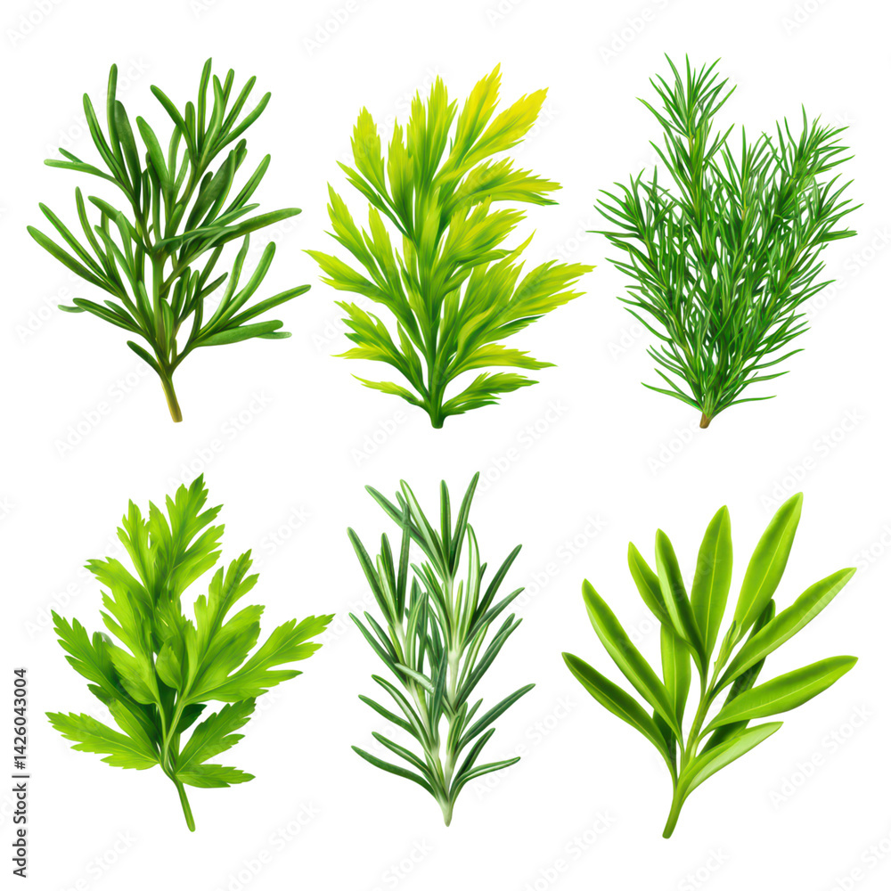 Fototapeta premium Fresh Green Herbs Collection on White Background for Culinary Use, isolated on transparent background.