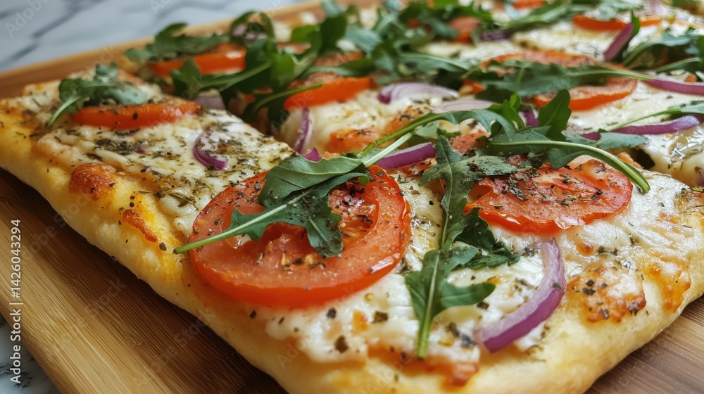 Homemade Pizza with Arugula, Red Onion, and Tomatoes Homemade Pizza with Arugula, Red Onion, and Tomatoes