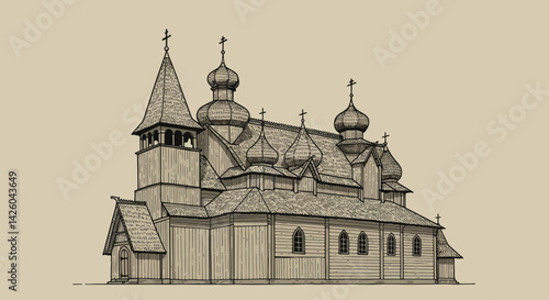 Architectural illustration of a traditional wooden church  