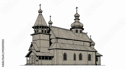 Traditional wooden church structure in detailed line art  