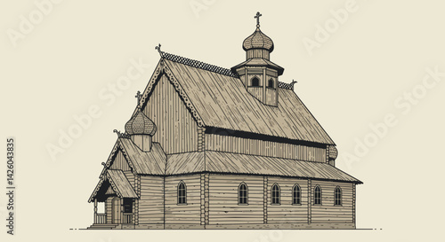 Wooden church architectural illustration against a simple background  