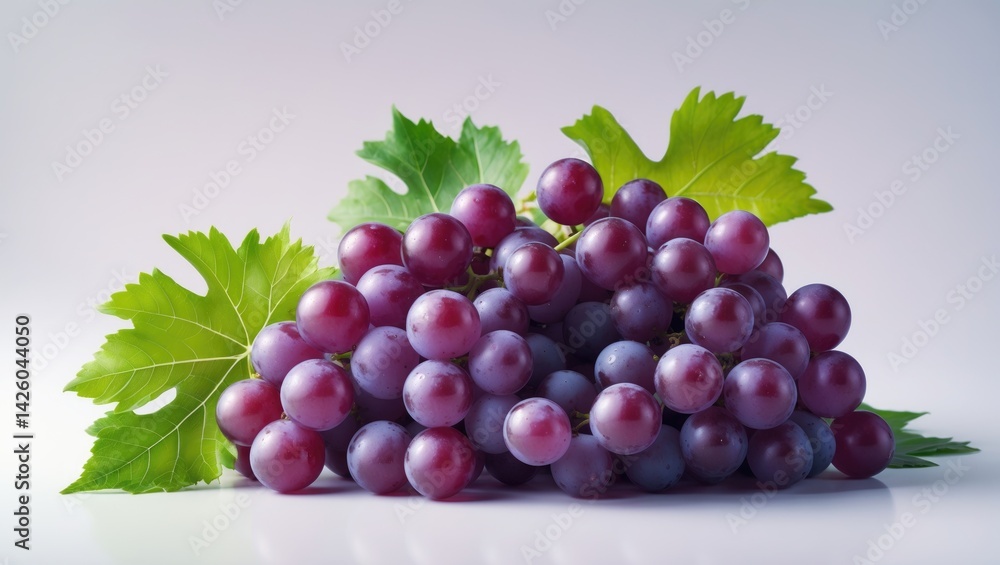 Fototapeta premium Isolated bunch of ripe red grapes with leaves on a white background