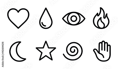 Essential icons set: heart, drop, eye, flame, moon, star, spiral, hand - linear style