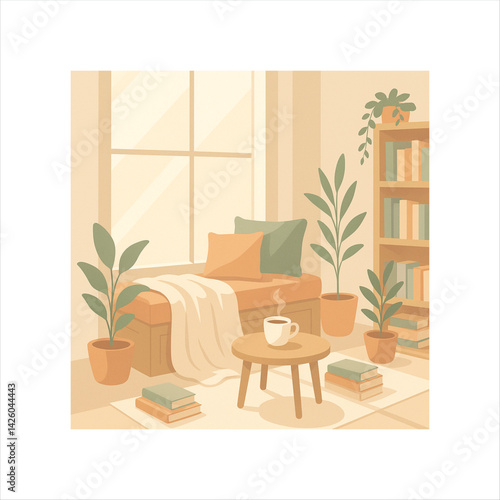 Cozy Reading Chair by the Window with Coffee and Books – Minimal Vector Art