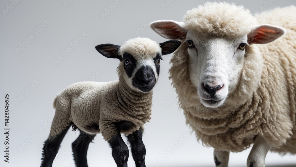 Fototapeta premium Cute newborn sheep and its mother on a white background