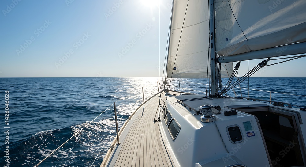 Obraz premium Sailing Yacht Glides Over Calm Azure Sea at Sunset: Deck View with Bright Sunlight Reflecting on Water, Promising Freedom, Relaxation, and Exploration on Summer Vacation