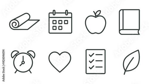 Linear wellness icons set: yoga, calendar, apple, book, alarm, heart, checklist, leaf