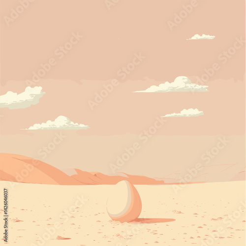 Lonely egg in serene desert landscape with rolling hills and clouds