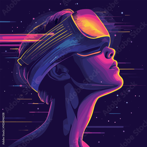 Futuristic neon art of a young male with vr headset in space