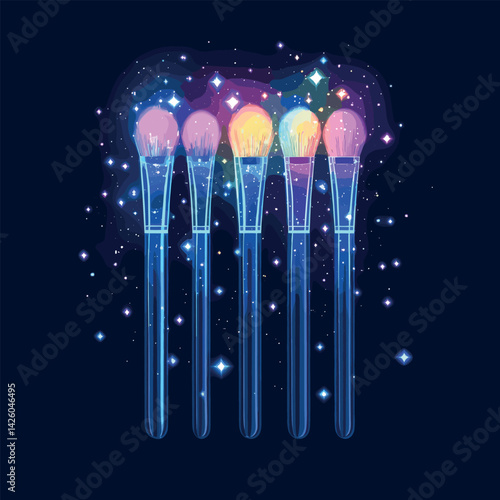 Glowing neon makeup brushes with magical sparkles on dark background