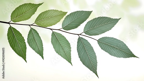 Delicate branch with green leaves, prominent veins, and soft, blurred background