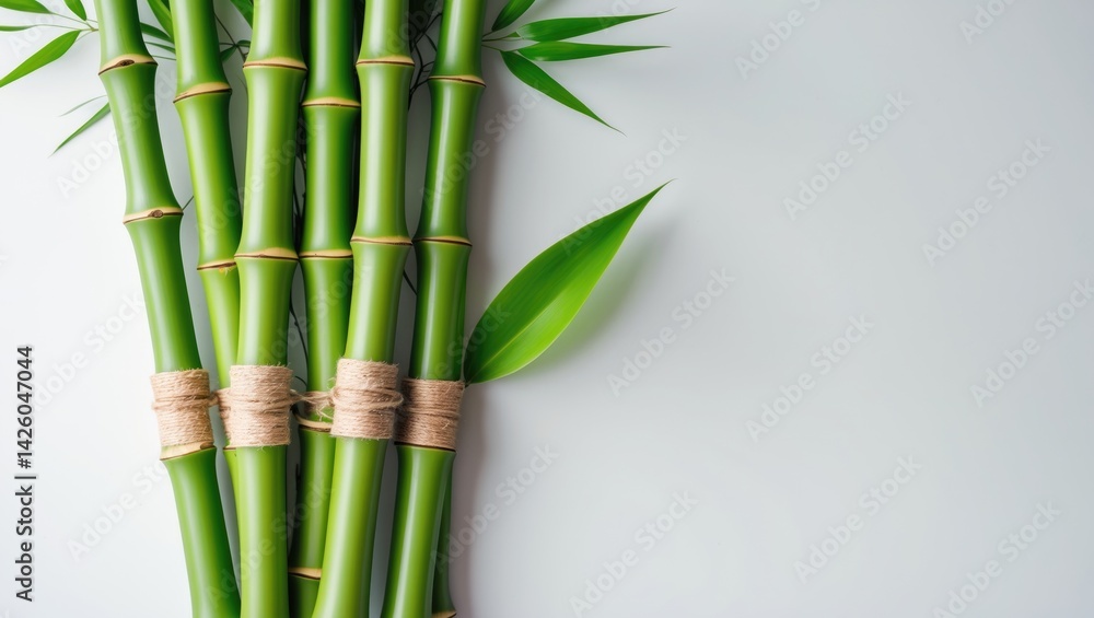 Fototapeta premium Decorative bamboo plant pieces with green leaves isolated on white background