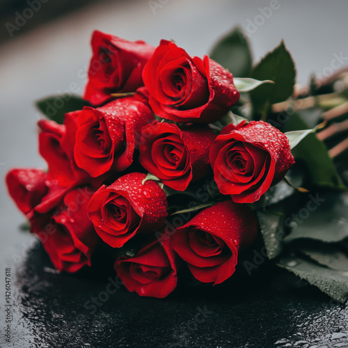 beautiful bouquet of red roses, adorned with droplets of water, symbolizes love and passion. vibrant petals and lush green leaves create stunning visual, perfect for any romantic occasion