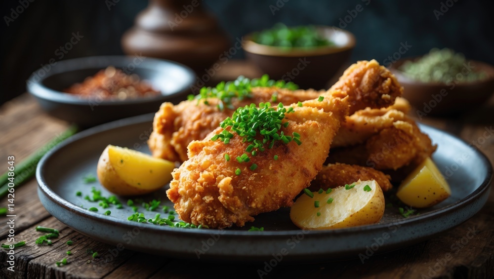 Fototapeta premium Traditional Wiener Schnitzel served with Potatoes and Fresh Herbs