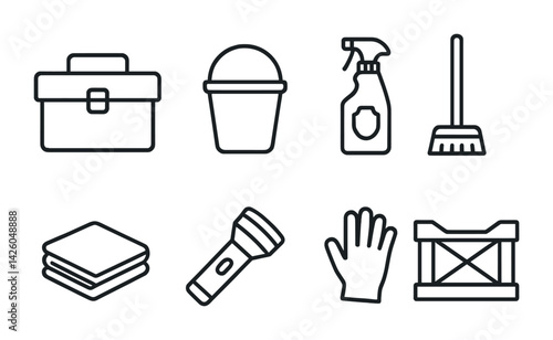 Cleaning tools icon set: simple linear design featuring essential equipment