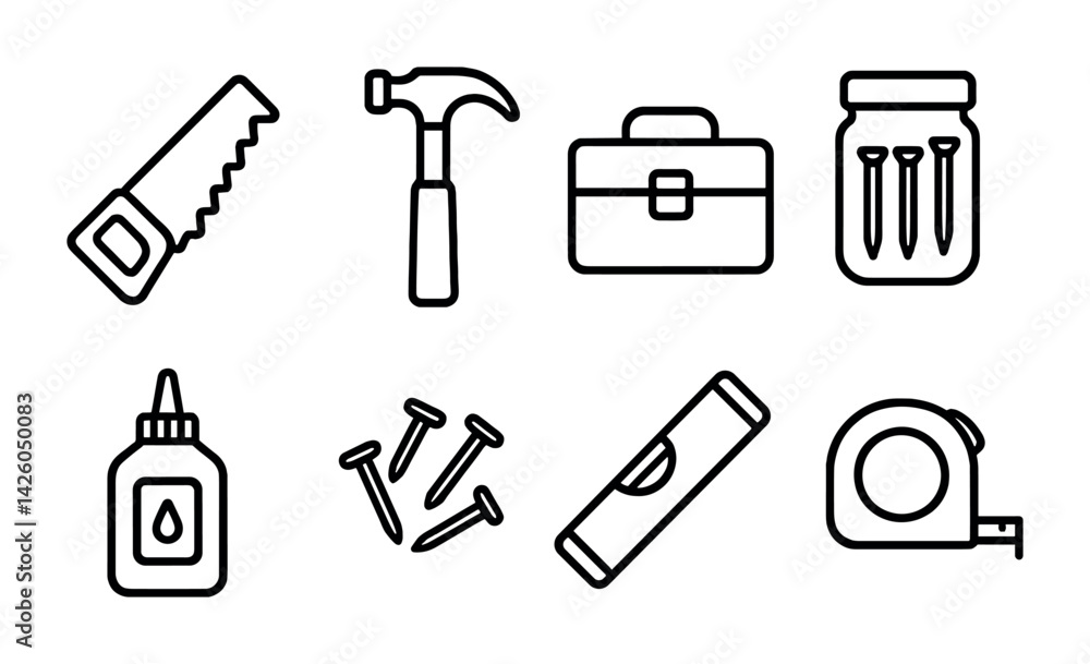 Construction tools icon set - linear style: hammer, saw, toolbox, nails, glue