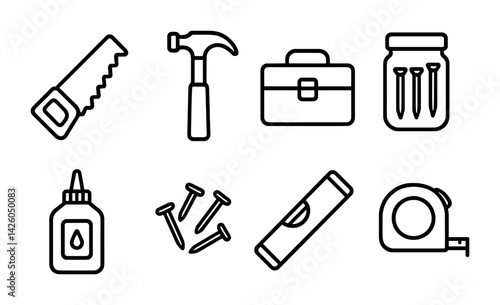 Obraz na płótnie Construction tools icon set - linear style: hammer, saw, toolbox, nails, glue w salonie