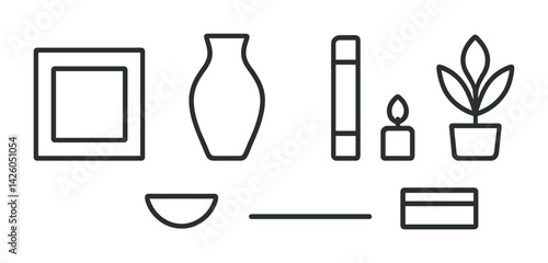 Minimalist home decor icon set: vase, candle, plant, frame, bowl, book, credit card